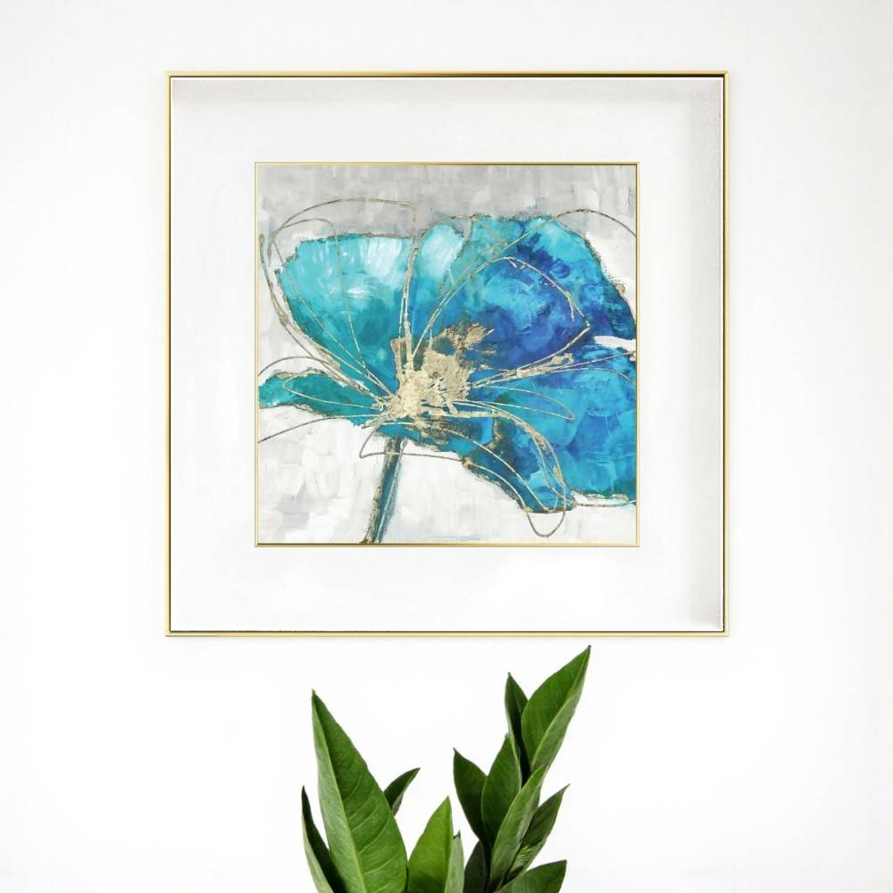 Cuadro 80x80 Flor turquesa con marco dorado