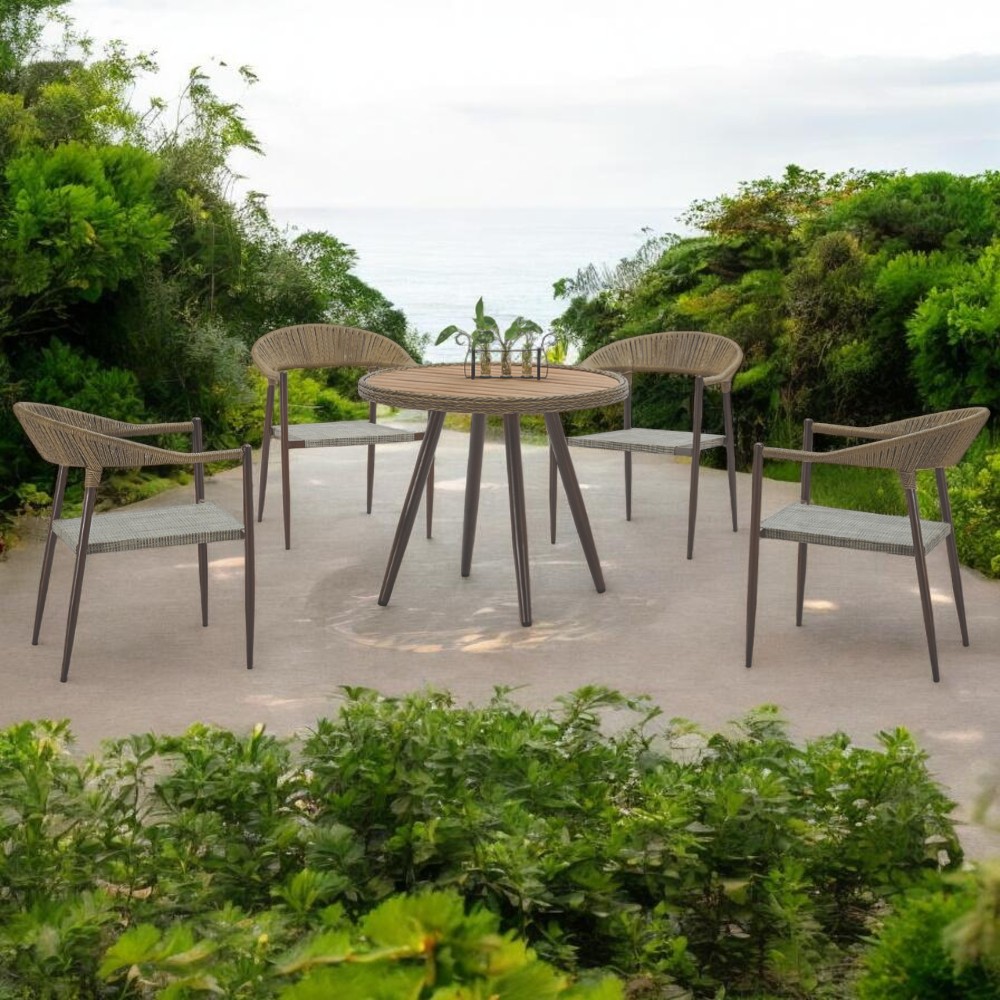 Set de comedor exterior circular 4P John de polyrattan café
