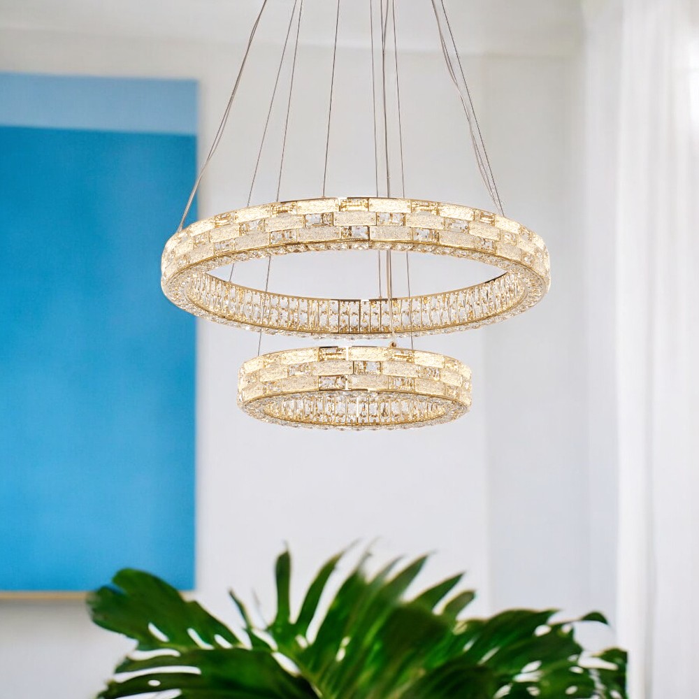 Lámpara LED colgante Vania 2 aros de cristal con luz cálida