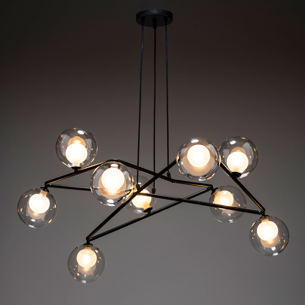 Lámpara colgante 9xG9 Stella negra y esferas vidrio blancas
