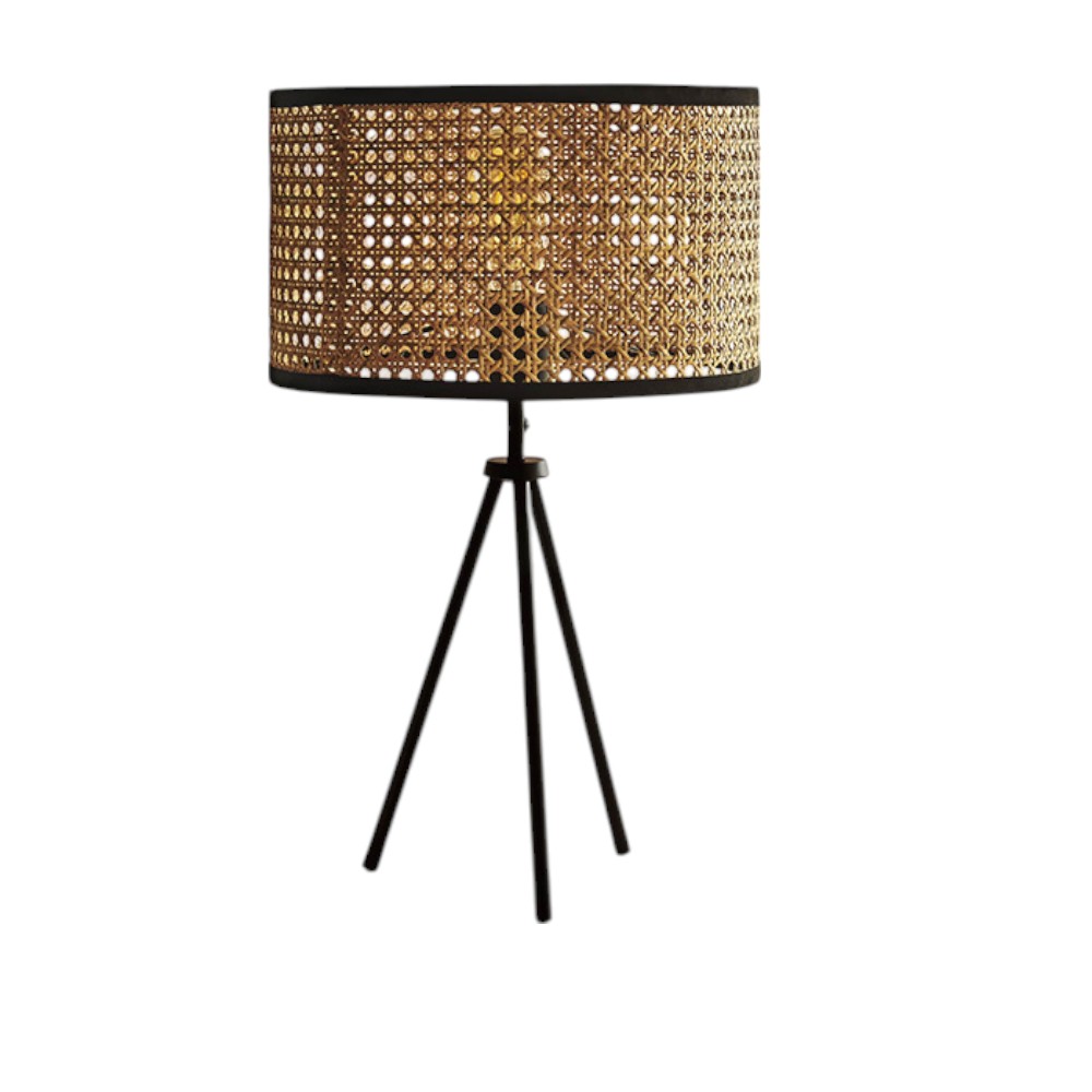 Lámpara de mesa E27 Ian negra con pantalla de ratán