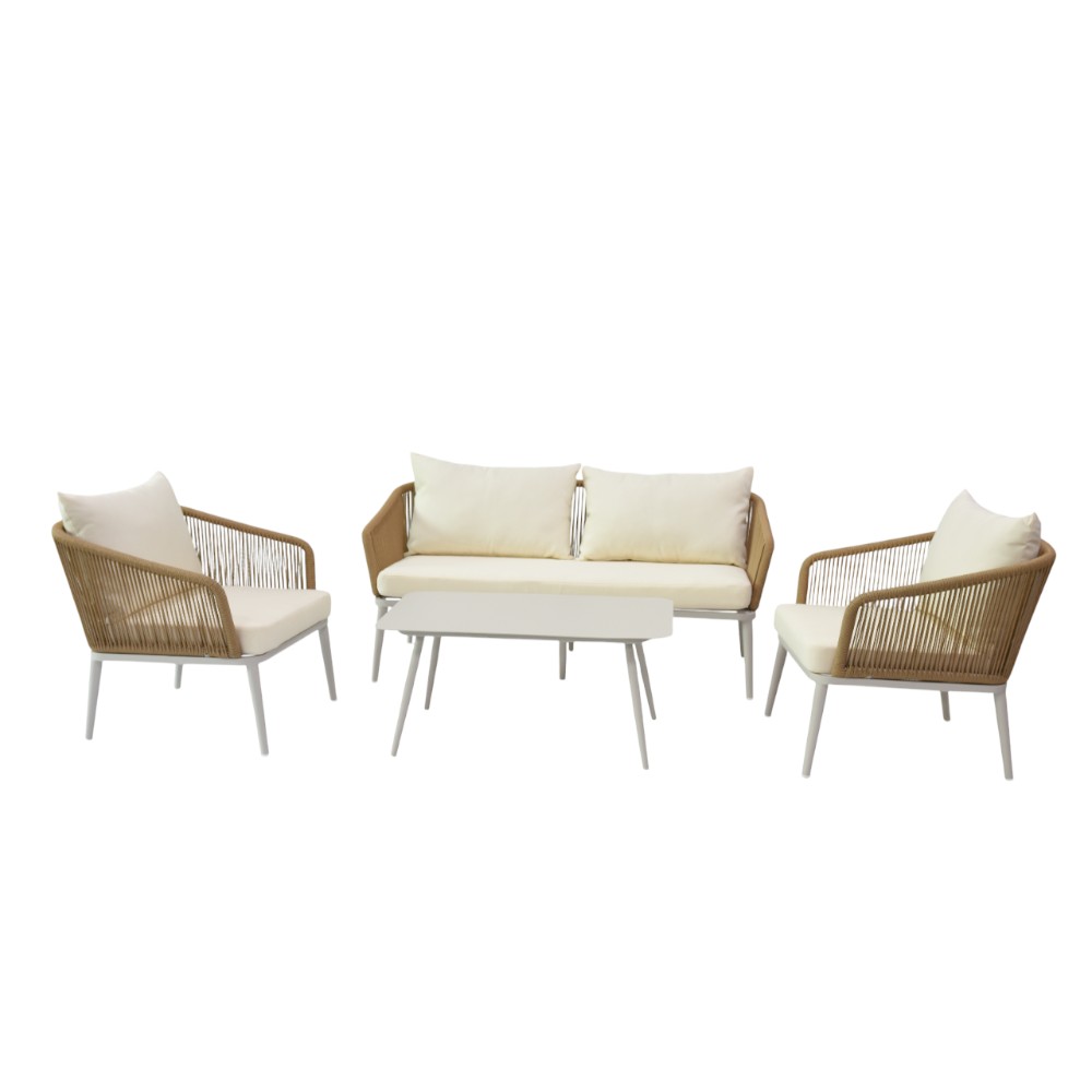 Set de exterior Lilya de polyrattan natural y cojines beige