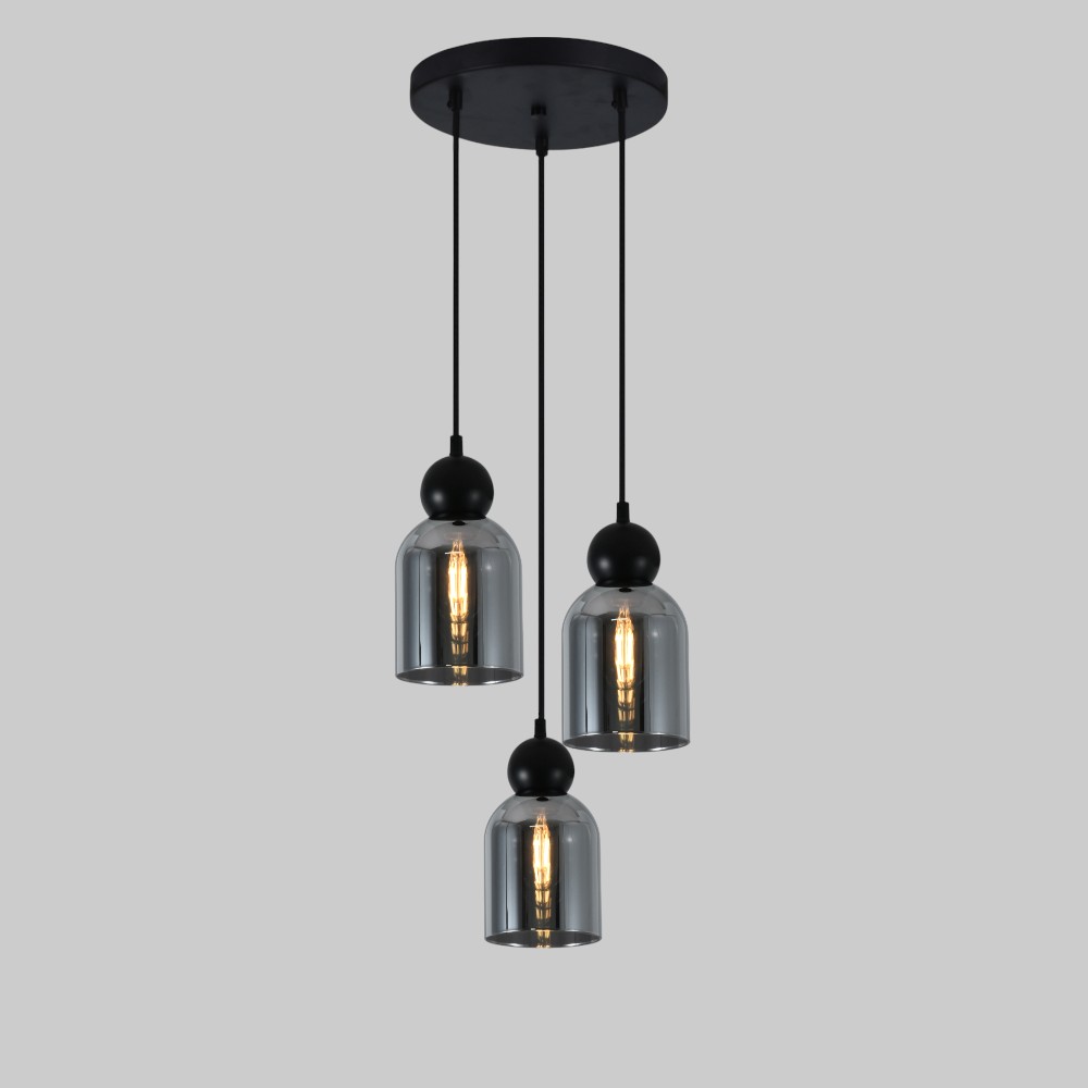 Lámpara colgante 3xE27 Galo round negro/vidrios smoke