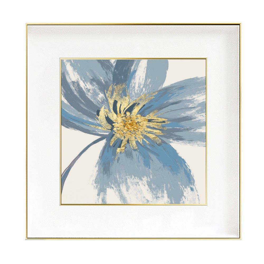 Cuadro 80x80 Flor azulada con marco dorado