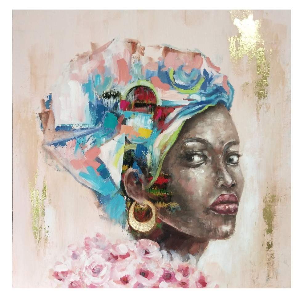 Cuadro 80x80 Africana colorida detalles dorados