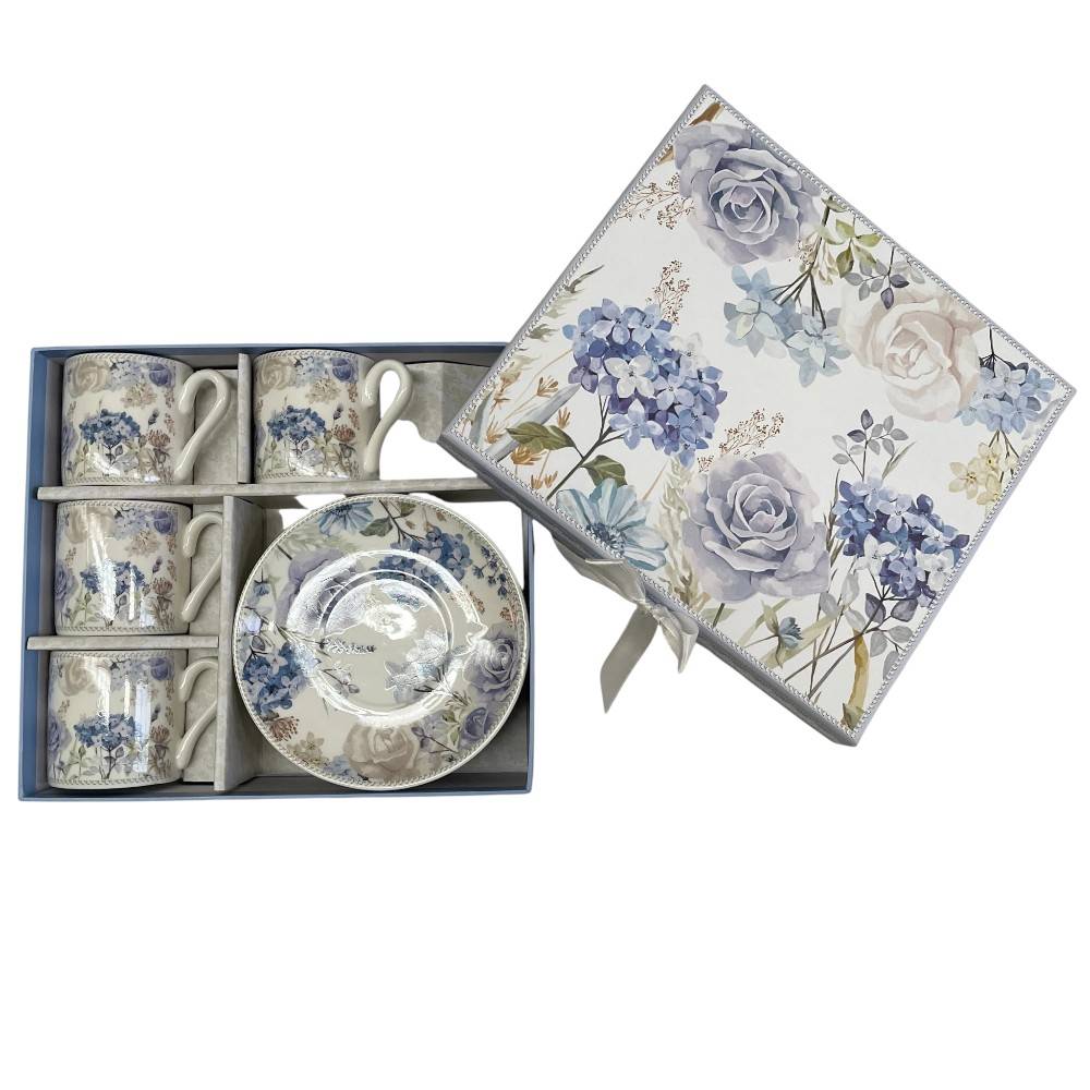 Set de 8 piezas de tazas y platos de cerámica flores azul