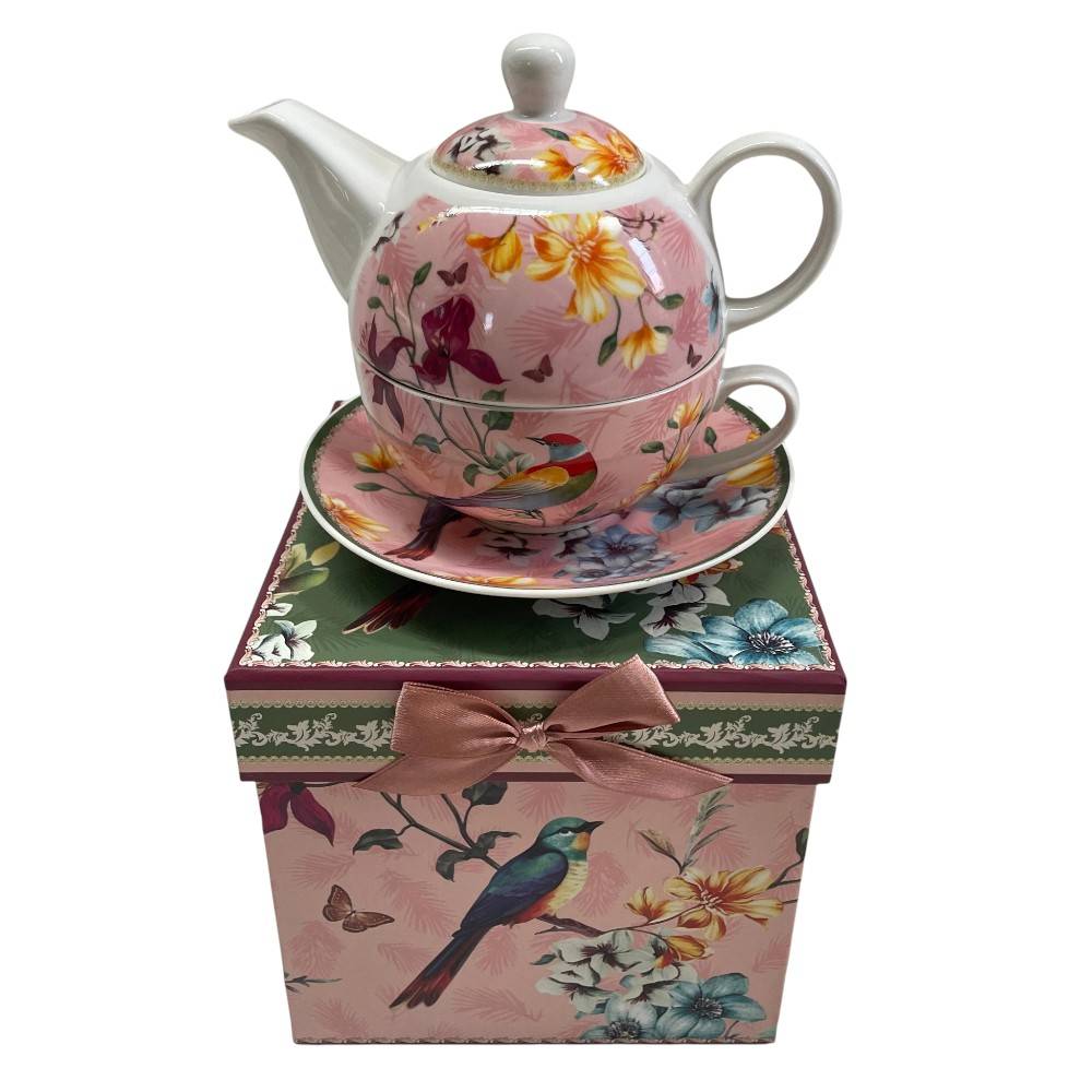 Set de tetera, taza y plato de cerámica pajaritos