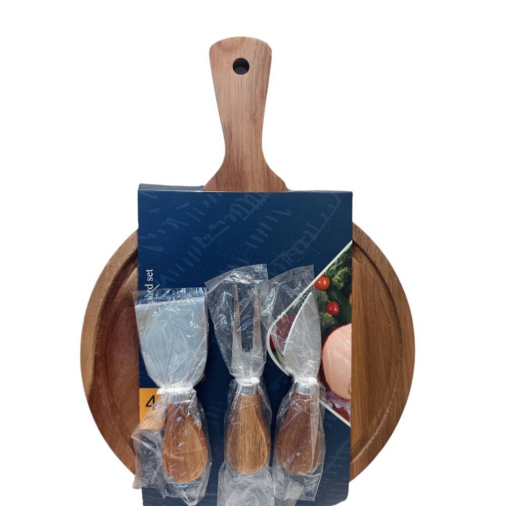 Tabla redonda de madera para servir queso con 3 cubiertos