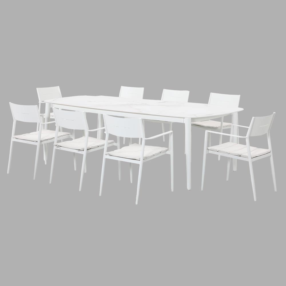Set comedor exterior 8P Hilary aluminio blanco hueso