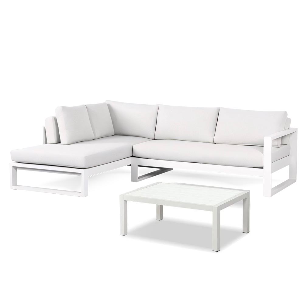 Set Sofa en L + mesa exterior Novo blanco/cojin claro