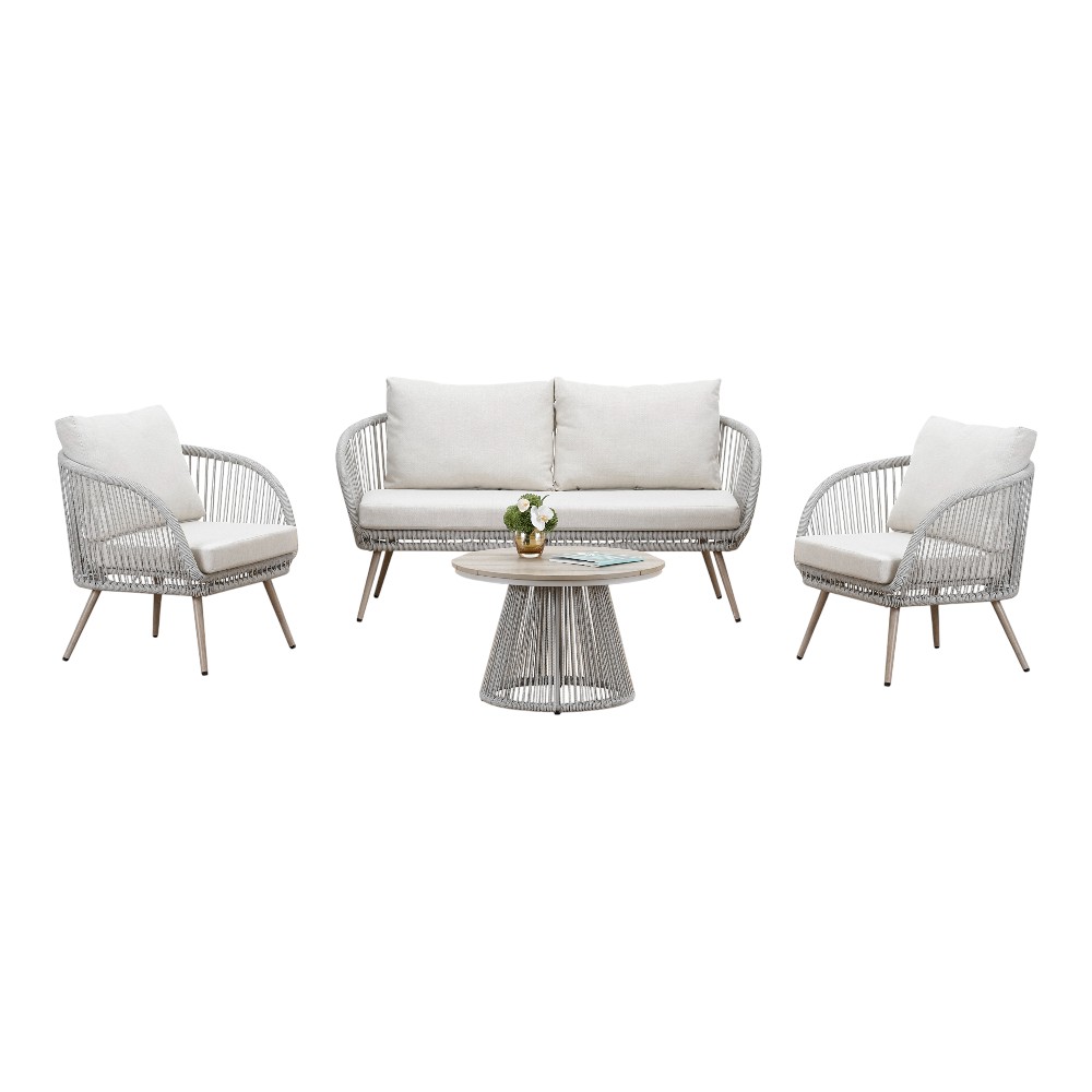 Set sala exterior Oriana de polyrattan gris + cojines blanco