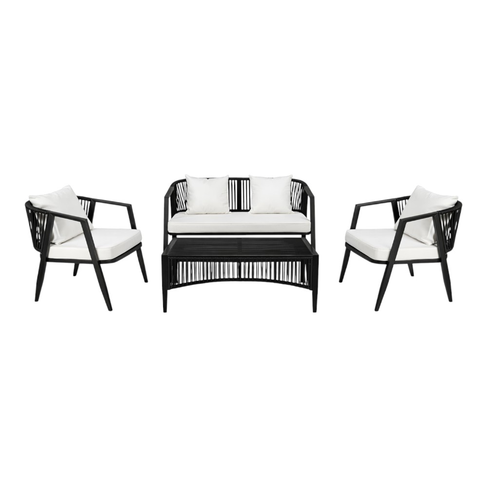 Set sala exterior Kora de polyrattan negro + cojines blancos