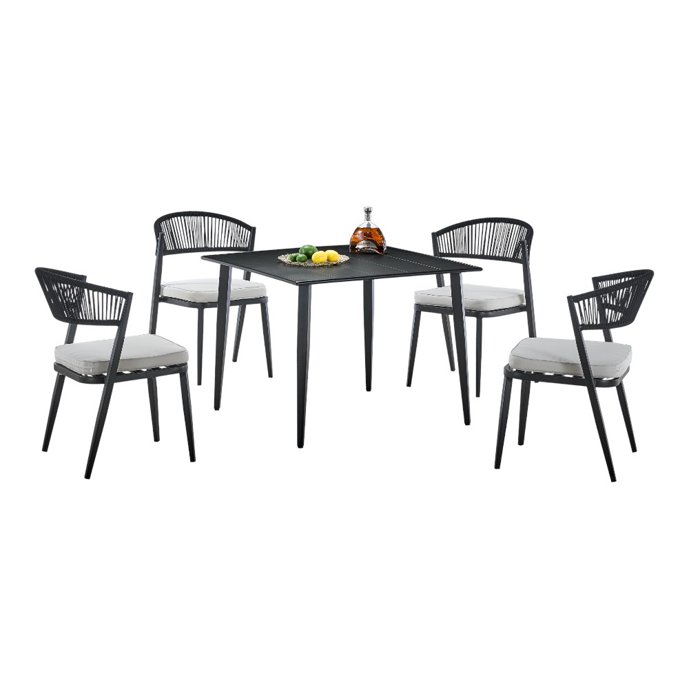 Set comedor exterior 4P acero/cuerda negra + cojines