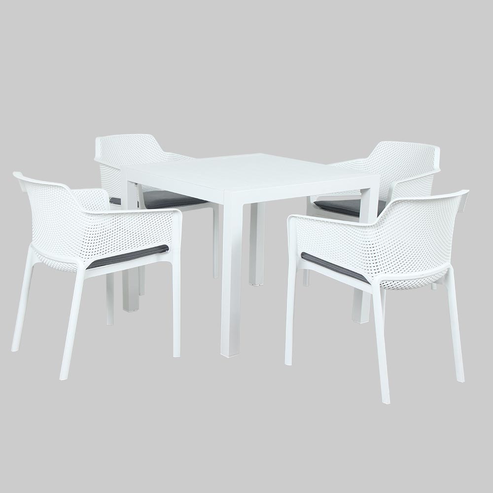 Set comedor exterior cuadrado 4P de aluminio blanco/PP