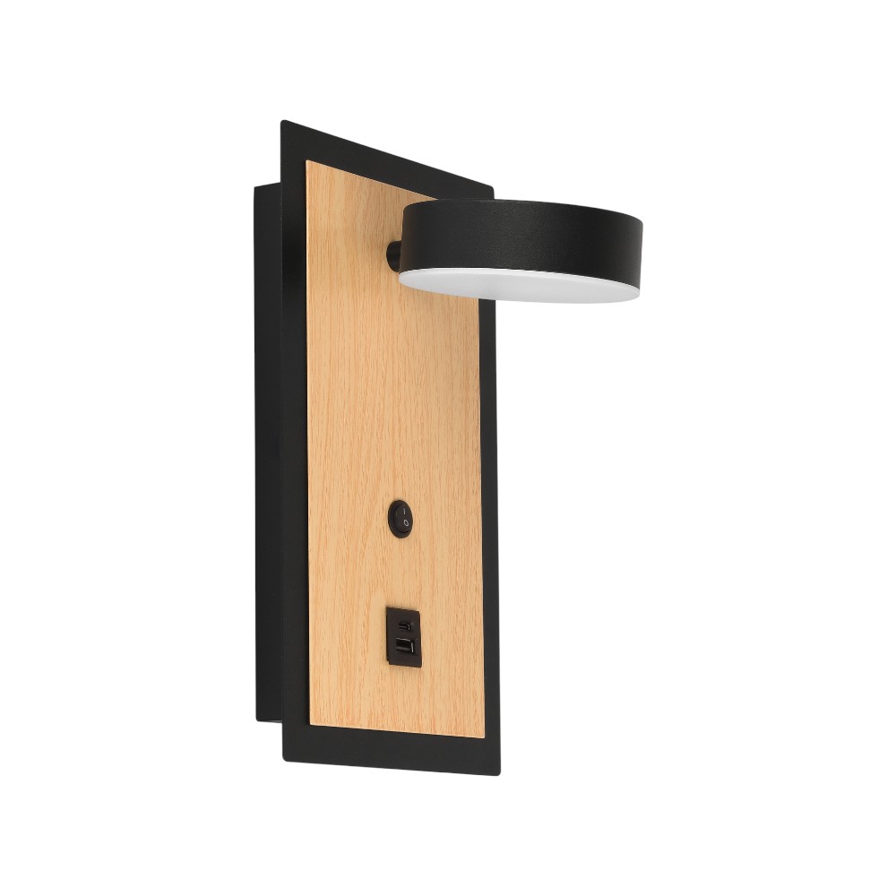 Aplique LED Cael negro/madera con Switch on/off y USB 8W
