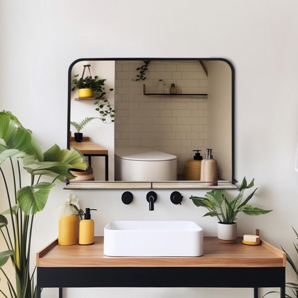 Espejo de pared con marco de metal negro + estante plegable