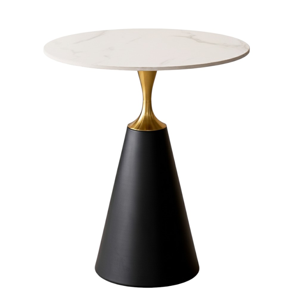 Mesa auxiliar redonda Camy top piedra white base black/gold
