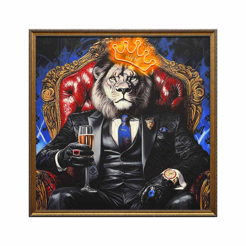 Cuadro con marco y luz LED Lion King 124x124cm