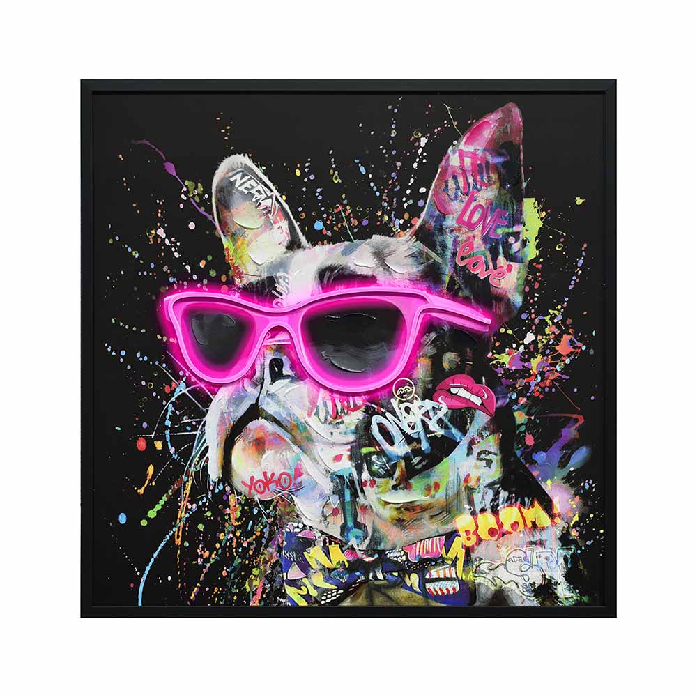 Cuadro 83x83 Bulldog con gafas colorido + luz led