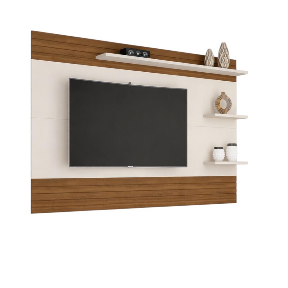 Panel Eros para TV 60" off white/freijó con 3 repisas
