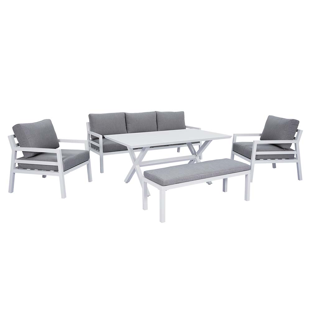 Set comedor rectangular de exterior 7P de aluminio blanco